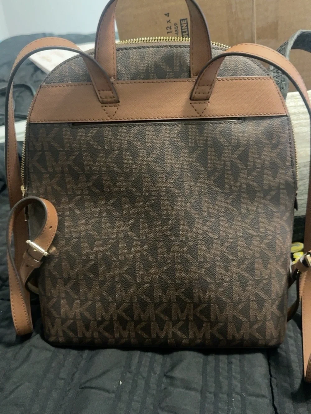 Michael Kors Brown Monogram MK Dome Backpack with Gold Hardware